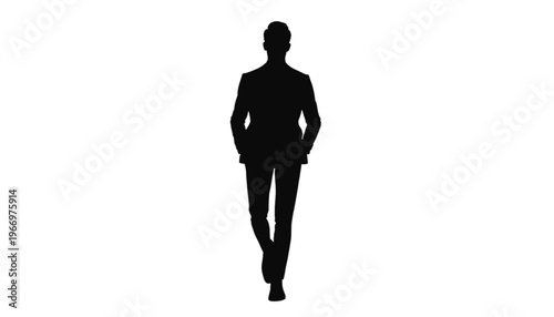 Silhouette of a businessman in a suit walking directly toward the viewer against a white background.