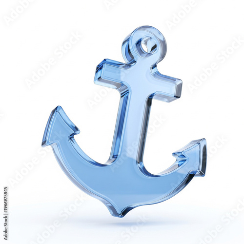 3D Blue Glass Anchor, Nautical Marine Icon, Sea Boat Symbol, Glossy Ocean Port Sign, Heavy Security Element, Sailor Navy Object