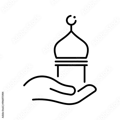 Mosque donation icon. Religion and charitable giving line symbol. Black and white.