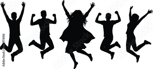 Silhouette collection of happy people jumping for joy and cheering in mid air featuring men and women expressing success excitement and celebration isolated on white background vector