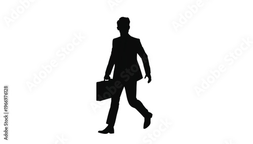Full body silhouette of a businessman walking forward confidently while holding a dark briefcase firmly.