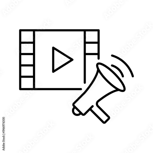 Video advertising icon. Business and video marketing line symbol. Black and white.