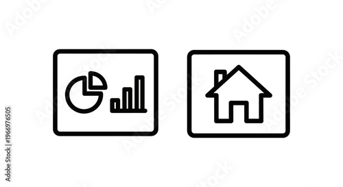 User interface navigation icons for dashboard and home screen featuring a monitor with statistical charts and a house icon representing the main landing page for website and application design