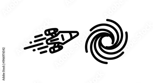 Spaceship traveling towards a black hole or wormhole vortex icon depicting galactic exploration warp speed and astrophysics concept in minimalist black line art style on white background