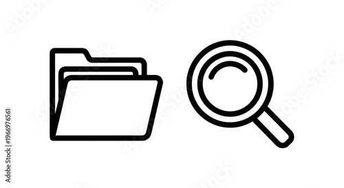Data organization and file search icon set featuring open document folder and magnifying glass for information retrieval discovery and business management concept in black line art vector