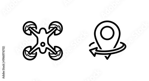 Professional line icons featuring a top-down view of a drone and a location pin with a circular arrow for tracking with real time