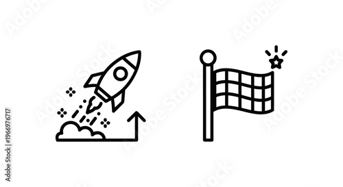 Motivation icons for user experience design showing a rocket launching for getting started and a checkered flag for finishing onboarding, used for progress tracking and milestone achievement