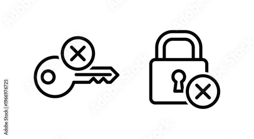 Security alert line icons depicting a key with a cross for invalid credentials and a closed padlock with a cross for access denied, suitable for cyber security and user authentication errors