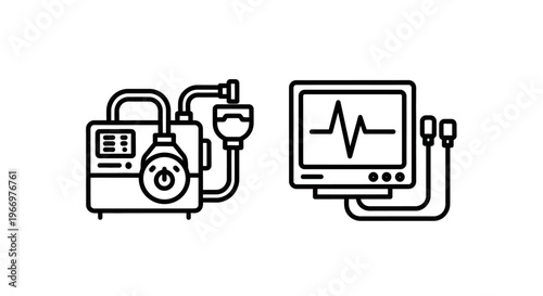 Medical equipment icon set featuring cpap ventilator breathing machine and heart rate monitor with ekg pulse waveform in minimalist black line art style for healthcare and hospital technology