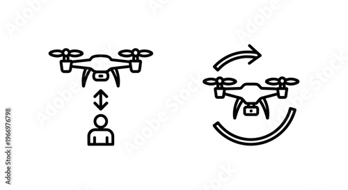 Drone flight mode icons featuring follow me and follow mode functions for aerial photography and videography interface design with quadcopter symbols isolated on white background illustration