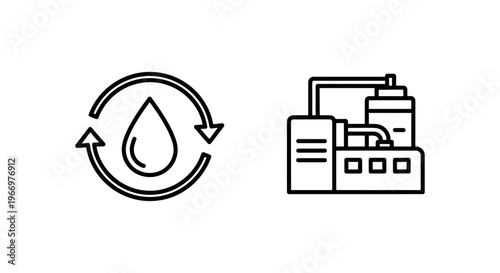 Water recycling and industrial recycler linear icons set featuring a water drop symbol with circular arrows and a treatment facility plant for sustainable resource and environment management