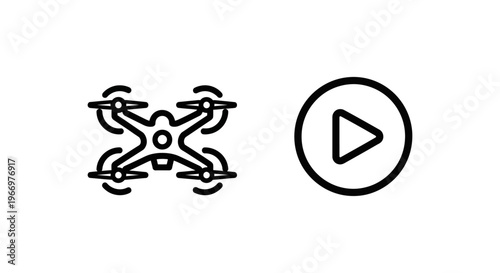 Drone live feed and streaming icons set with quadcopter and play button symbol for aerial surveillance, remote broadcasting, wireless technology monitoring, and digital media flight concepts