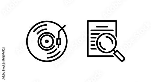 Vinyl record player turntable and document search with magnifying glass linear icons for music analysis, data research, audio file exploration, and vintage media investigation on white background