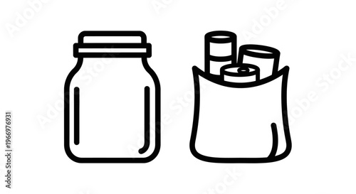 Kitchen storage and grocery shopping icons including a glass mason jar with lid and a shopping bag with canned food items for food preservation, retail business, and household supply concepts