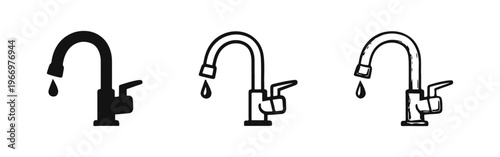 Faucet with dripping water icon set, symbolizing water waste, conservation, and plumbing issues