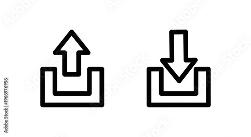 Import and export icon set featuring bold black outline arrows and box symbols for data transfer and file management user interface design in minimalist linear style on clean white background