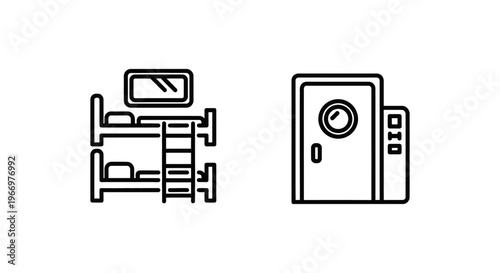 Crew quarters and cabin icon set illustrating bunk beds and porthole door symbols for maritime ship vessel accommodation and transport lodging layouts for sailor and naval personnel use