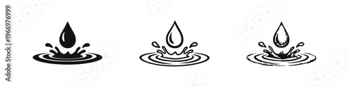 Water drop splash and ripple effect icon set, representing liquid movement and impact on surface