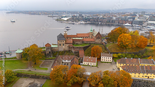 Vertical drone shot of Akershus Fortress (Akershus festning) and bay, Oslo, Norway.