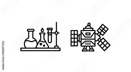 Set of laboratory equipment icon and space satellite icon for scientific research and space technology concepts in linear outline style isolated on white background with test tube