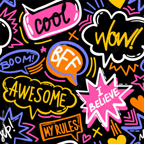 Sketch Style Stickers seamless pattern. Hand Drawn Doodle elements on black background