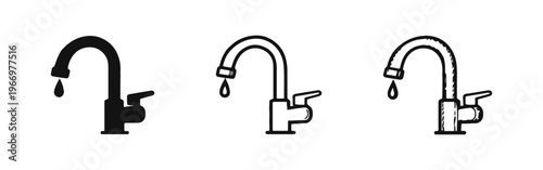 Faucet with dripping water icon set, symbolizing water waste, conservation, and plumbing issues