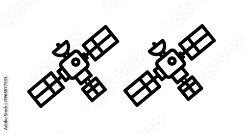 Pair of orbital satellite icons representing aerospace technology and space communications in a simple linear vector illustration style