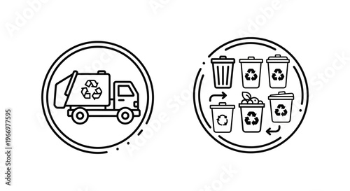 Waste management and recycling system icons in linear style, trash truck and collection bins vector illustrations representing environmental conservation and garbage disposal processes, isolated on wh
