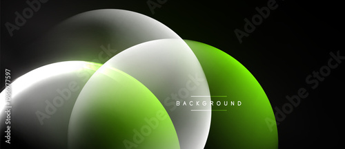 Abstract design features overlapping circles. White, green hues contrast against dark background. Modern, dynamic composition.
