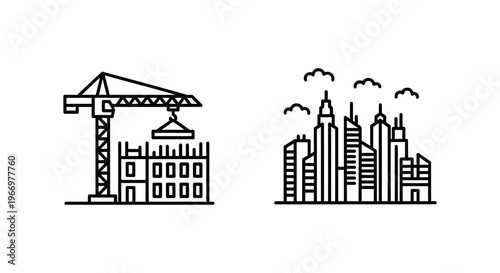Construction progress and timelapse building icons set with real estate