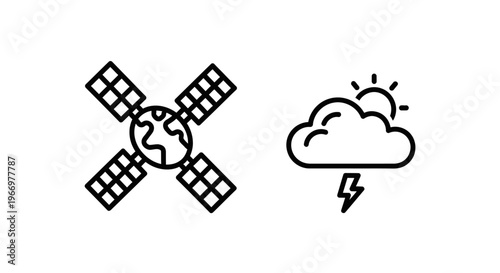 Communication and weather forecasting line art icons featuring a satellite orbiting earth and a cloudy sky with sun and lightning bolt symbolizing connectivity space data and meteorological conditions