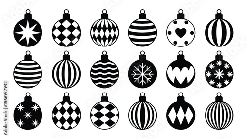 black and white christmas baubles icons set with various patterns and designs