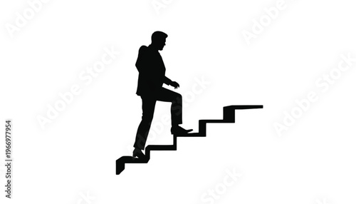Silhouette of a businessman ascending stairs symbolizes career advancement and progress toward success goals.