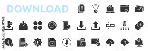download icon glyph style with file, wifi, laptop, window, folder check, download, upload, link, database network icons