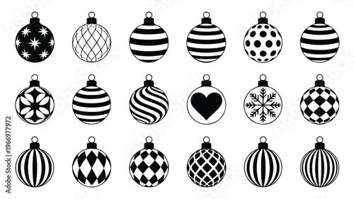 Black and white Christmas ornaments set with various patterns