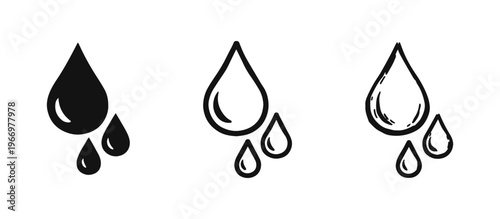 Water Drop Icons Set. Liquid Droplet Vector Illustrations in Glyph, Outline, and Hand-Drawn Styles.