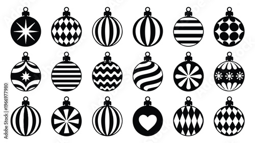 Black and white Christmas ornaments set with various patterns
