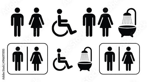black and white icons of people using bathroom facilities
