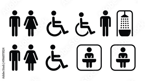 black and white icons of people with disabilities and bathroom signs