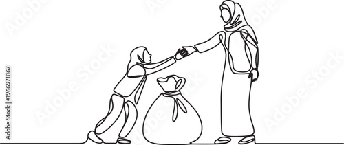 Arabian businesswoman helps colleague to climb money bag. Collaborate to gain mutual benefit. Stronger together. Great teamwork. One line draw graphic design vector