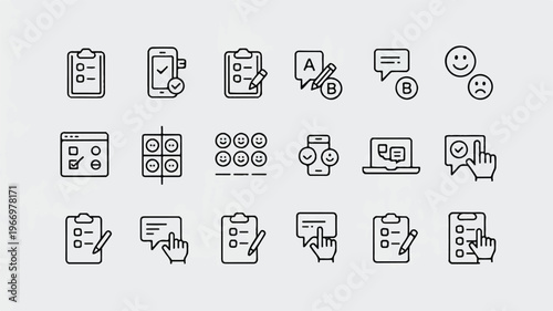 Black and white line icons of business communication and feedback