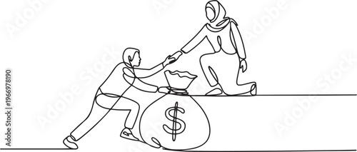 Arabian businesswoman helps colleague to climb money bag. Collaborate to gain mutual benefit. Stronger together. Great teamwork. One line draw graphic design vector