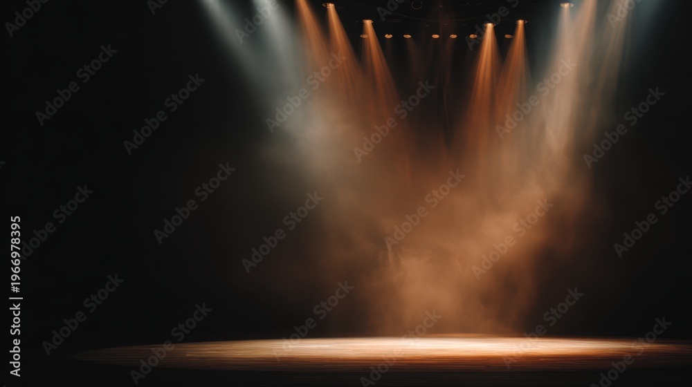 Fototapeta premium Dramatic Empty Stage with Spotlight and Fog for Theatrical Performance, Presentation or Artistic Showcase in a Darkened Atmosphere