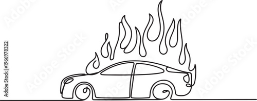 continuous line concept sketch drawing of car fire symbol. One line draw graphic design vector