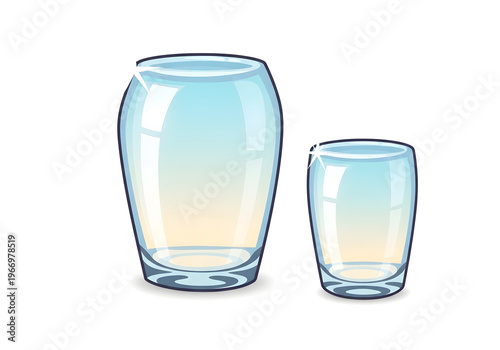 Two empty glass vases with a slight sheen and gradient of light blue and yellow, one tall and slender, the other short and wide