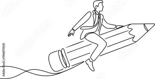 Continuous single one line drawing art businessman riding flying big pencil. Vector illustration concept of business growth success. One line draw graphic design vector