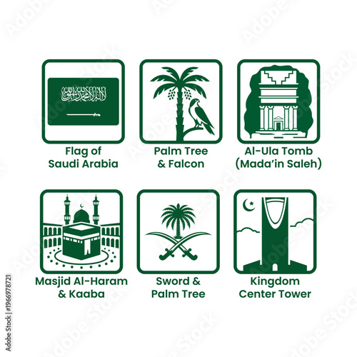 Icon collection for Saudi Arabia, green, outline, national, flag, palm tree, eagle, al-Ula tombs, Mada'in Saleh, Masjid al-Haram, Kaaba, sword, crossed swords, Kingdom Center Tower, Riyadh, Mecca, lan