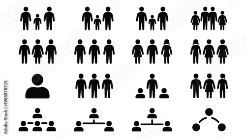 black silhouettes of people in various groups and connections on white background
