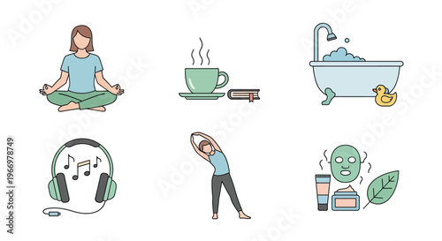 Self care icons depict relaxation wellness and mindful activities for a healthy lifestyle