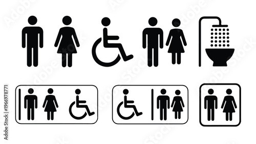 Black toilet and bathroom signs with people and wheelchair symbols on white background
